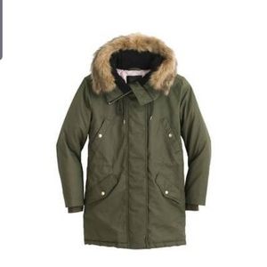 J CREW GREEN COAT WITH FUR HOODIE